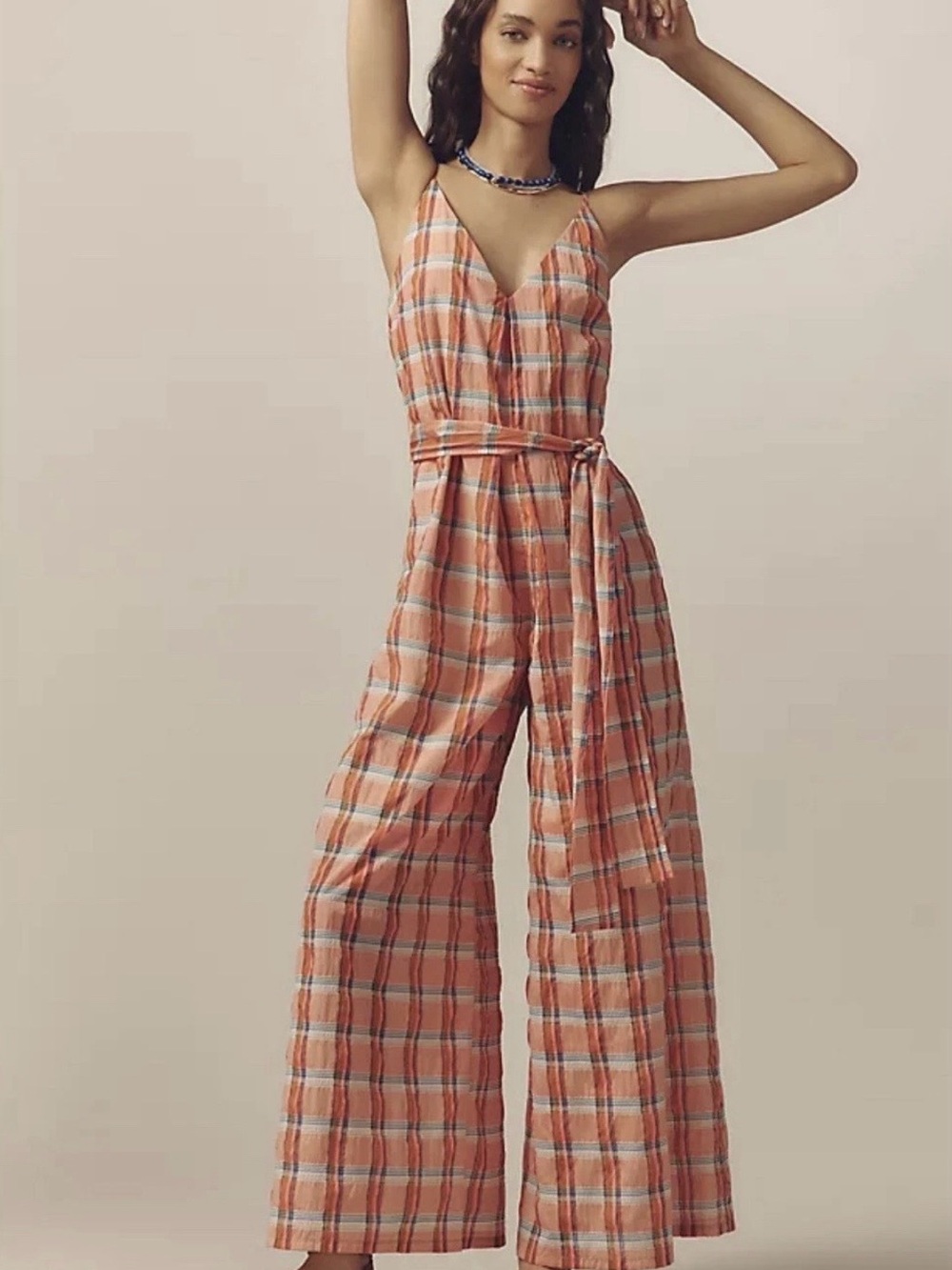 Anthropologie Corey Lynn Calter Peach Plaid Wide Leg Jumpsuit NWT S Belted